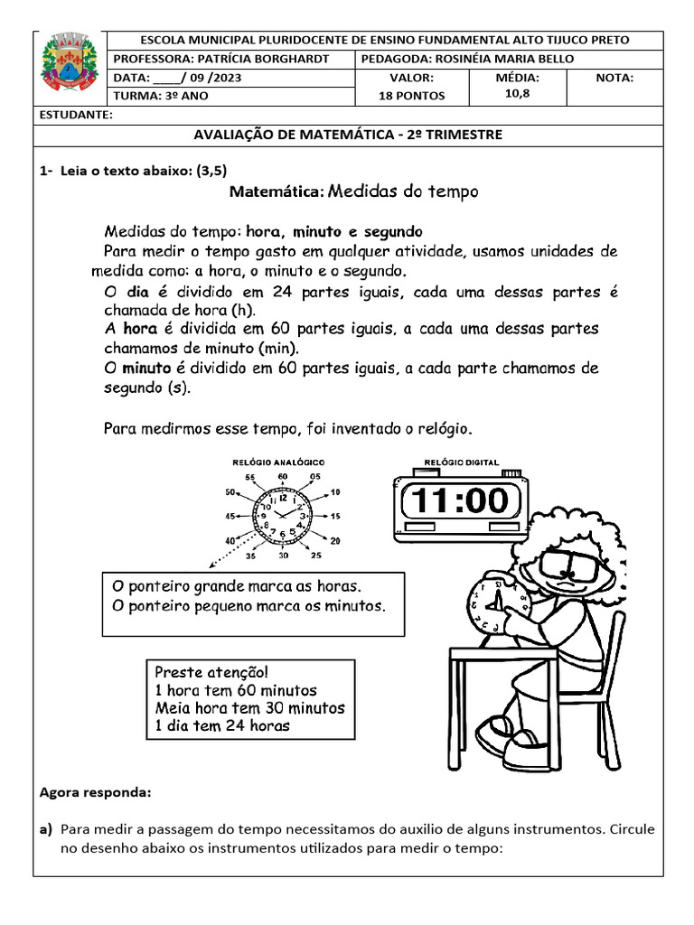 Avaliação de Matemática - 3º Ano | PDF | Métodos e Materiais de Ensino