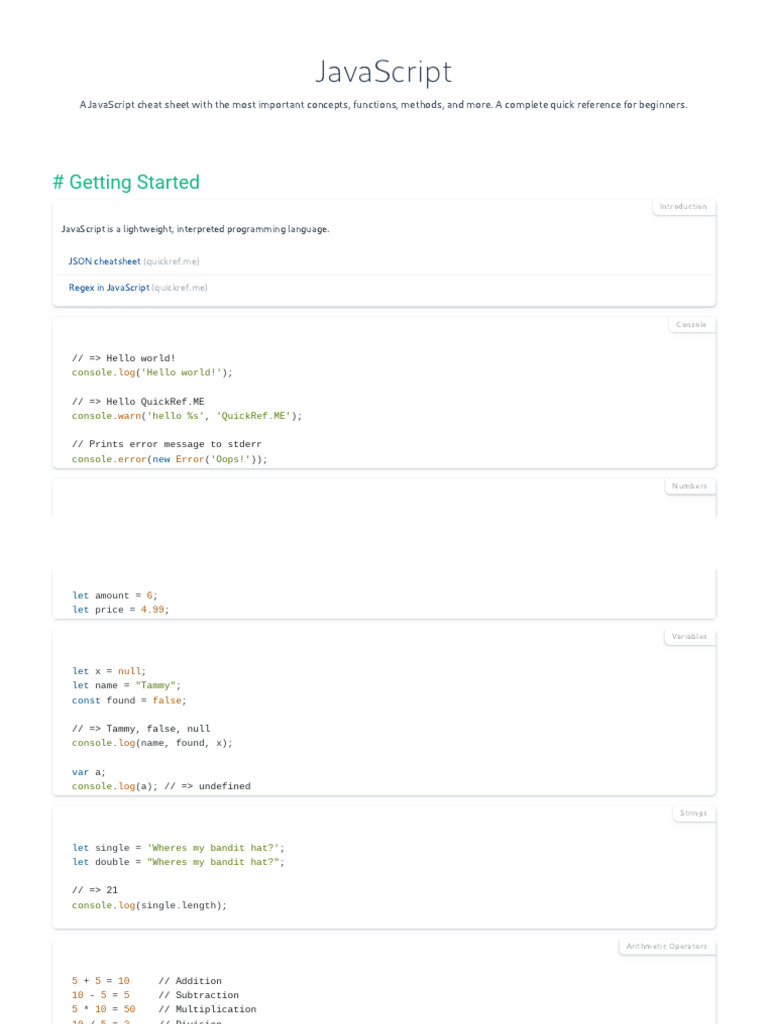 JavaScript Cheat Sheet & Quick Reference | PDF | Parameter (Computer ...