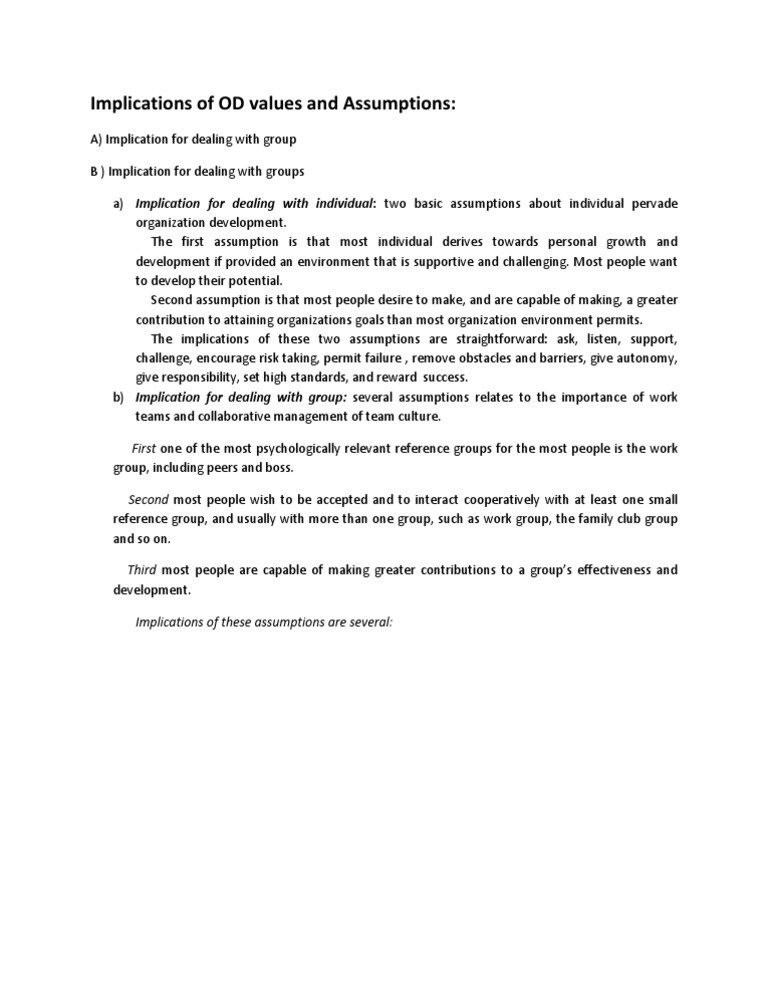 OD Values and Assumptions Implications | PDF | Self-Improvement