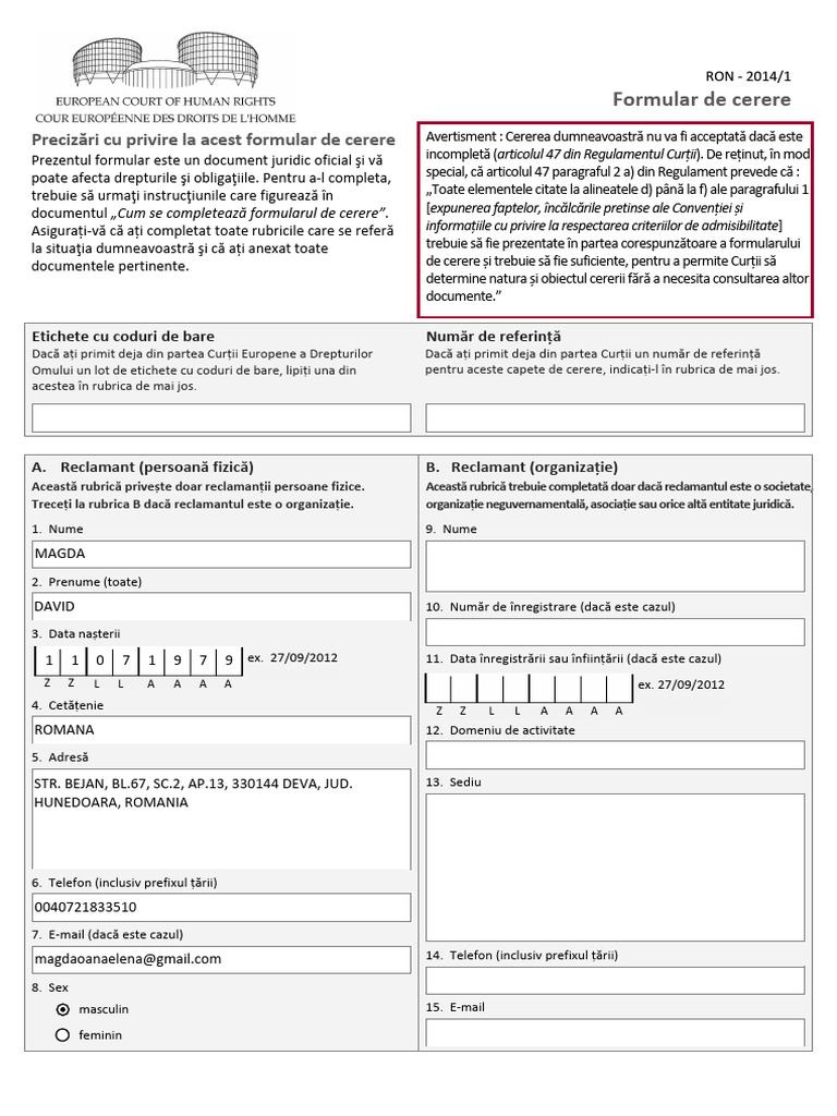 Formular de Cerere CEDO | PDF