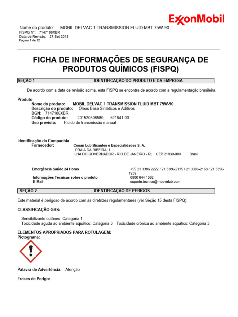 Mobil Delvac 1 Transmission Fluid MBT 75W90 MSDS 2018 PDF