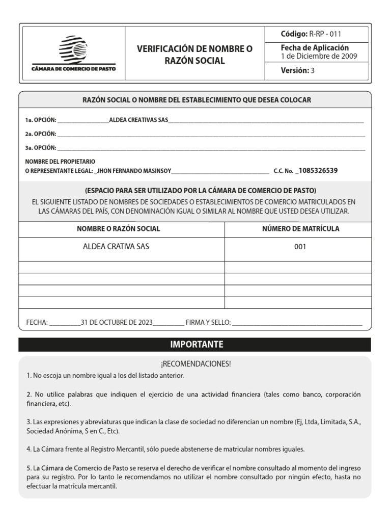 Verificación de Nombre o Razón Social | PDF