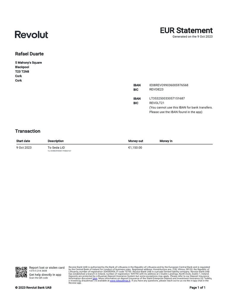 EUR Statement - Revolut Bank 9 Oct 2023 | PDF | Banks | Personal Finance