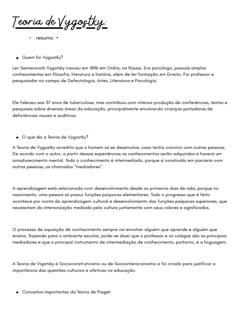 Teoria de Vygotsky: Mediação na Aprendizagem | PDF | Aprendizado | Cognição