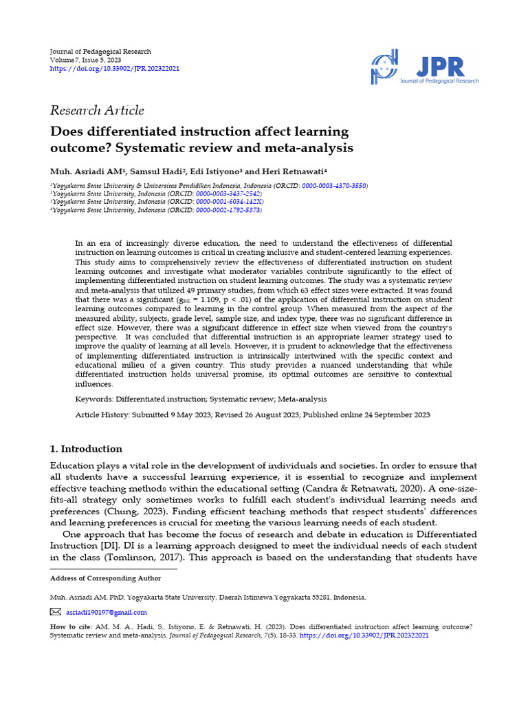 Impact of Differentiated Instruction on Learning Outcomes | PDF | Meta ...