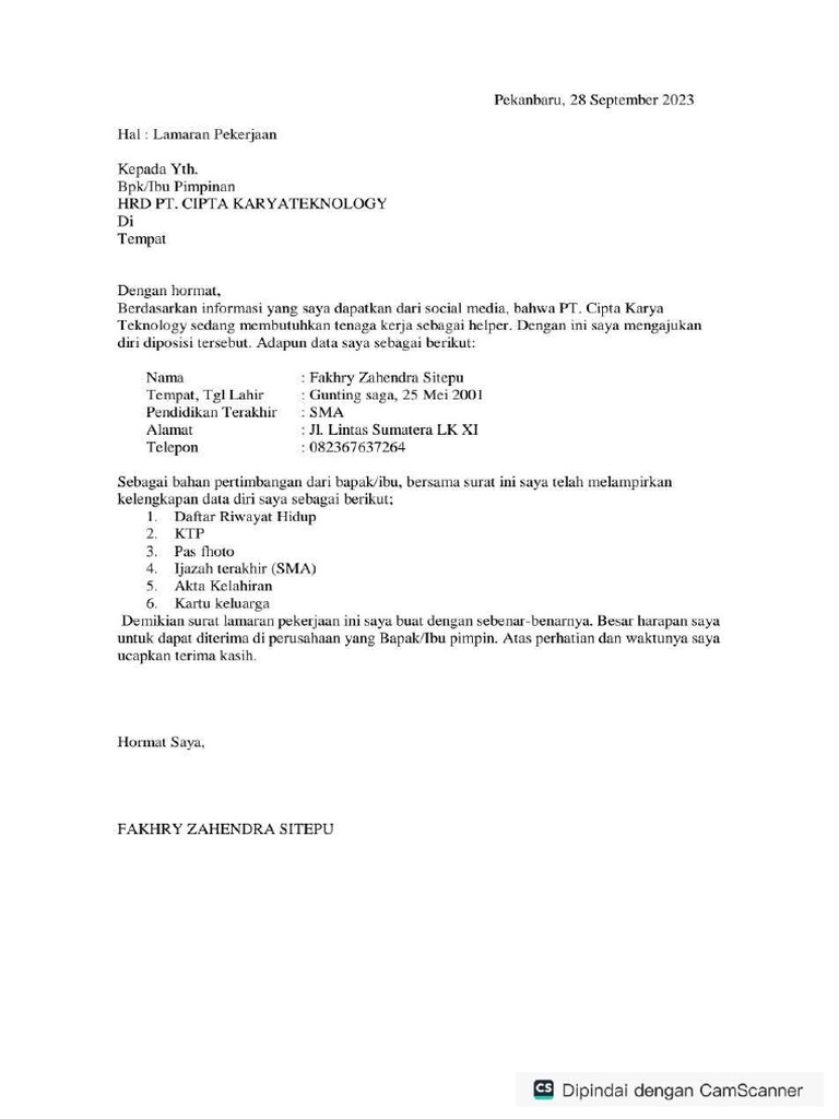 Surat Lamaran PT Cipta Karya Teknology PDF