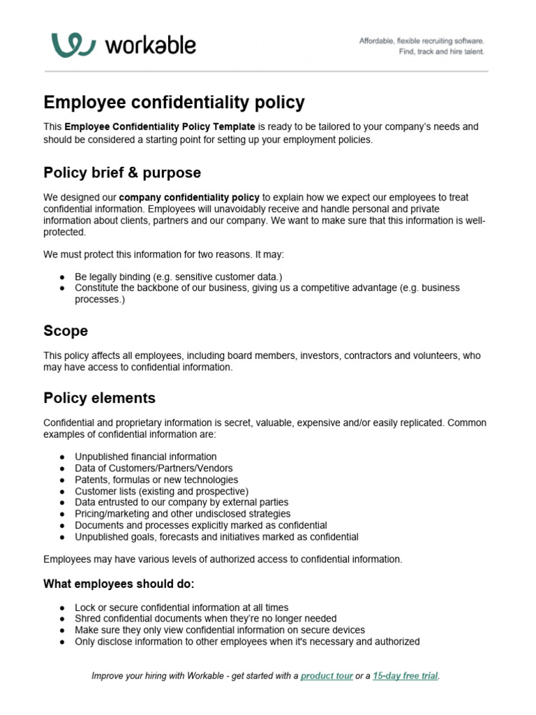 Employee Confidentiality Policy Template | PDF | Confidentiality | Non ...