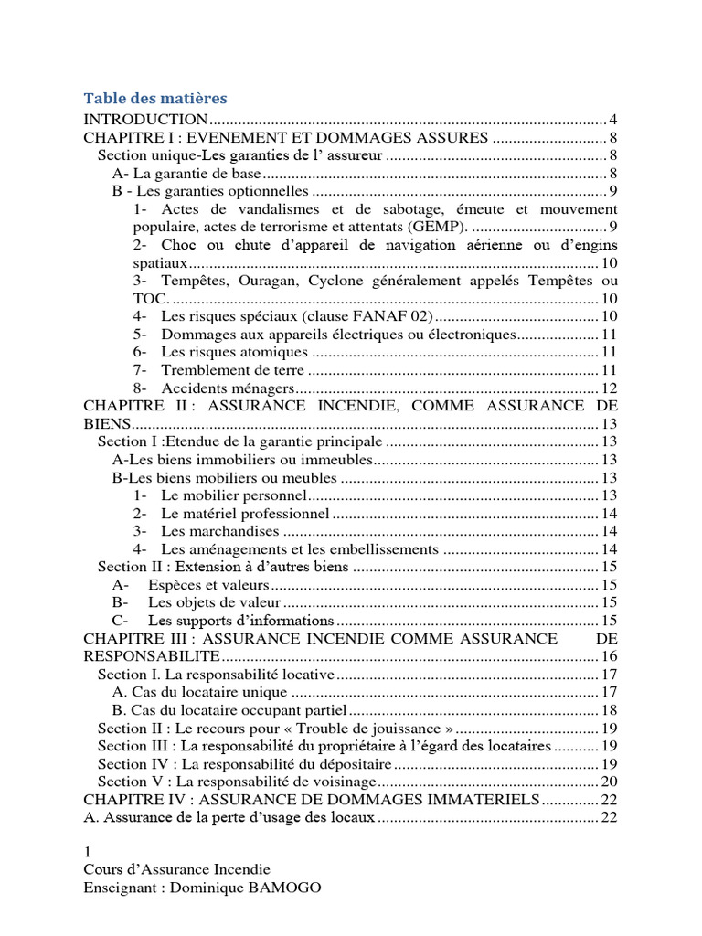 Assurance Incendie : Garanties et Responsabilités | PDF | Assurance ...
