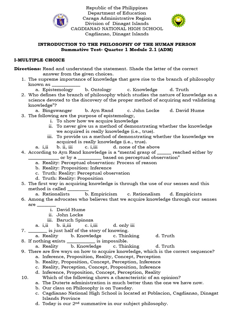 Philosophy Summative Test Guide | PDF | Knowledge | Epistemology