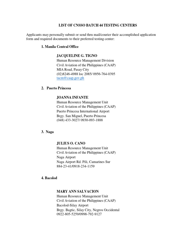 List of cnsso batch 44 testing centers pdf philippines aviation