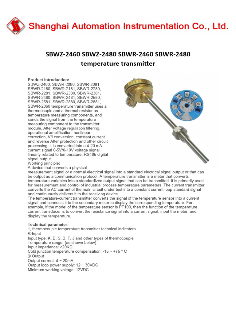 SBWZ Temperature Transmitter Overview | PDF | Thermocouple | Power Supply