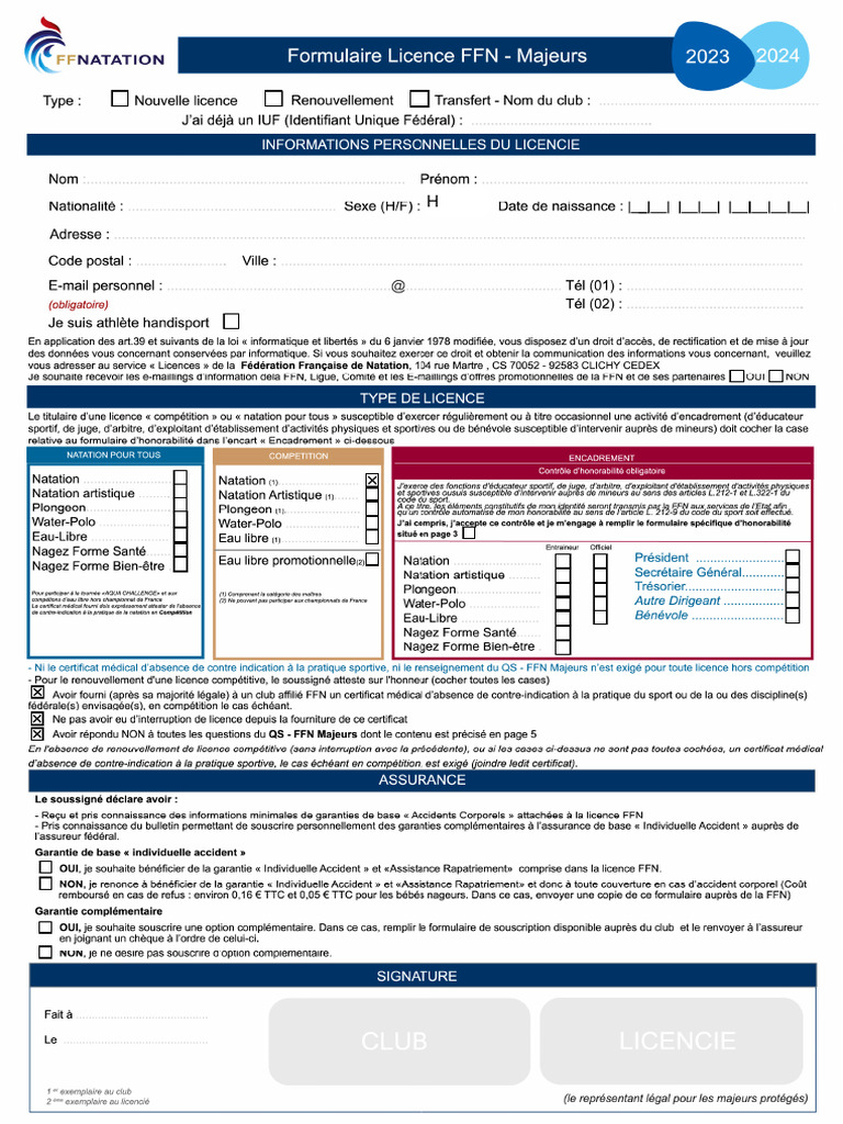 Formulaire Licence Majeur 2023 2024Remplissable PDF