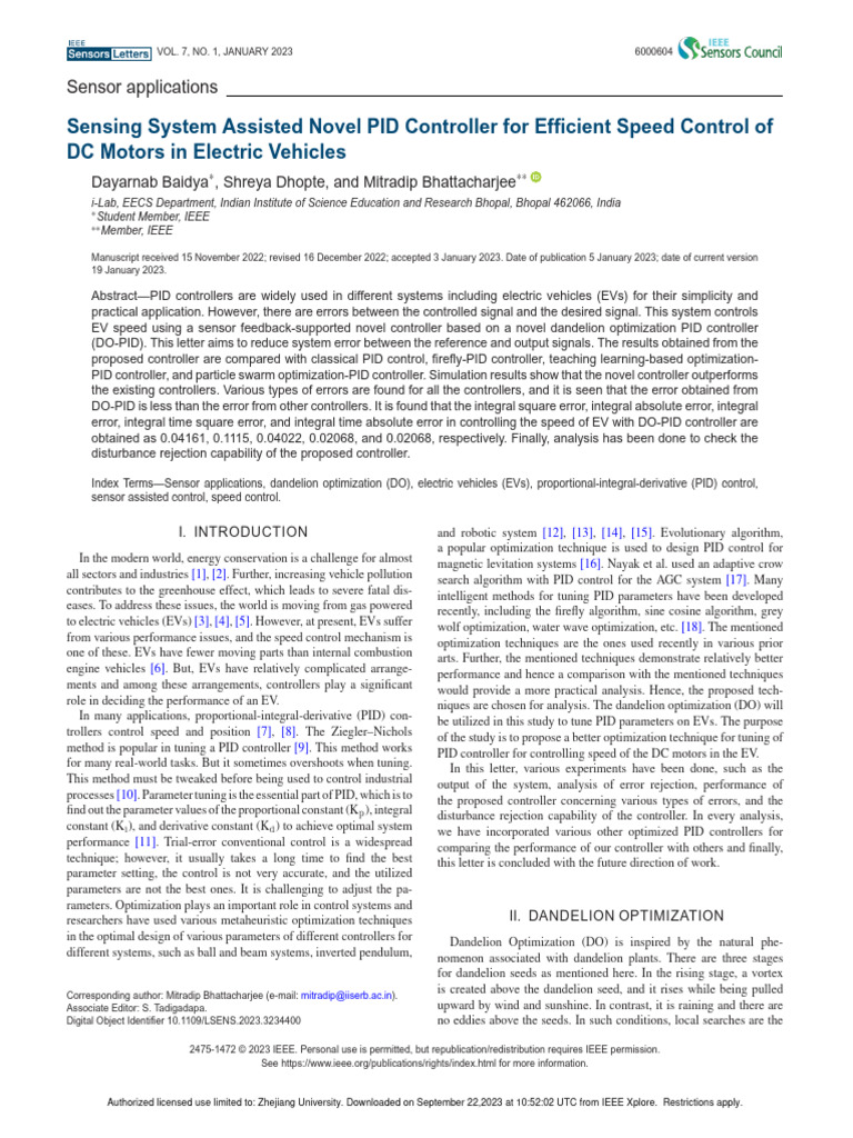 Sensing System Assisted Novel PID Controller For Efficient Speed ...