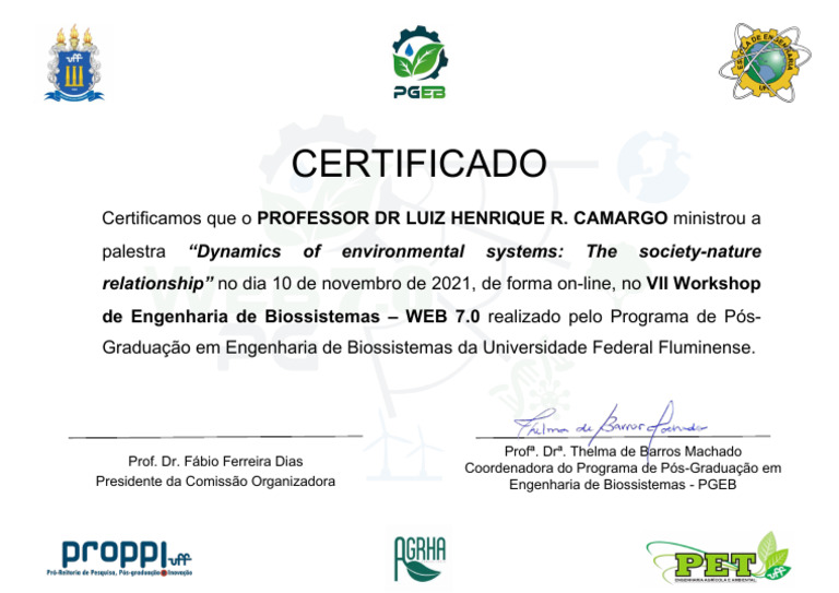 CERTIFICADO PROFESSOR DR LUIZ HENRIQUE R. CAMARGO Palestrante PDF
