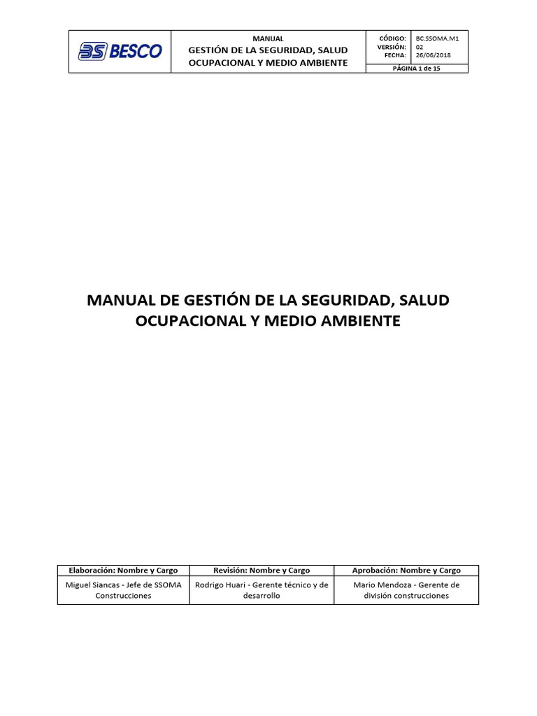 Manual de Seguridad y Salud Ocupacional | PDF | Seguridad y salud ...