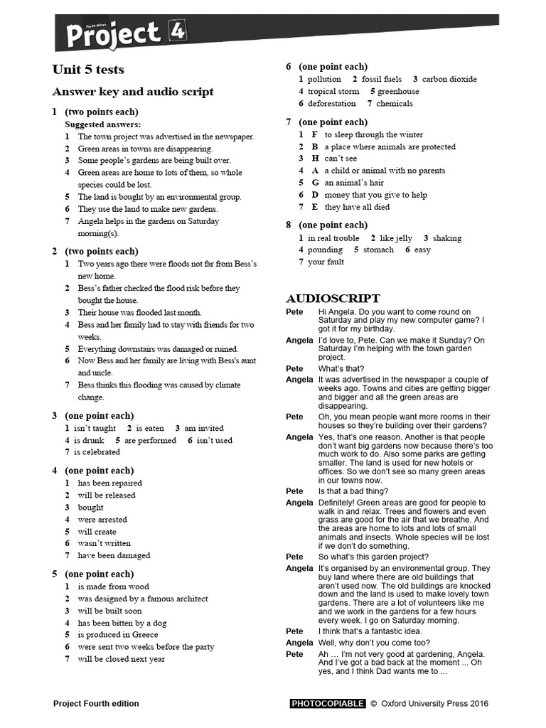 Unit 5 Answer Key and Audio Script PDF Natural Environment