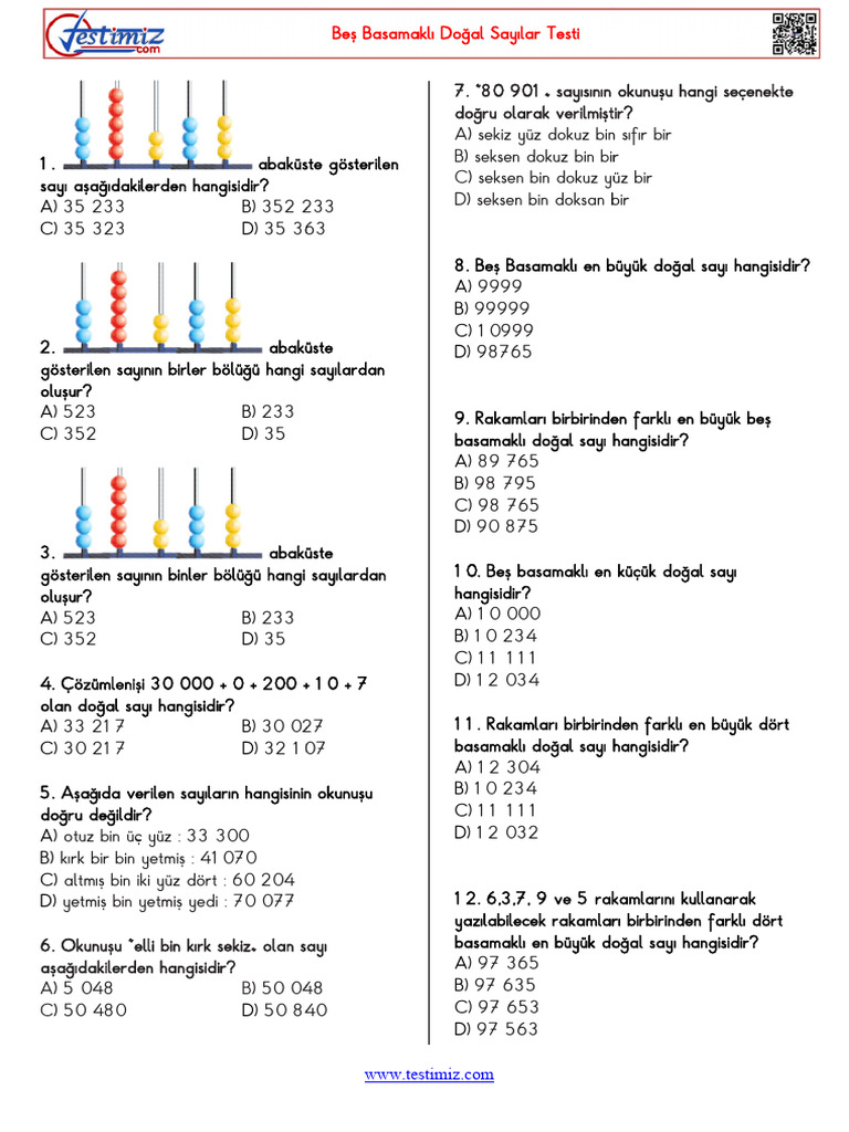 1 2 Bes Basamakli Dogal Sayilar Test | PDF