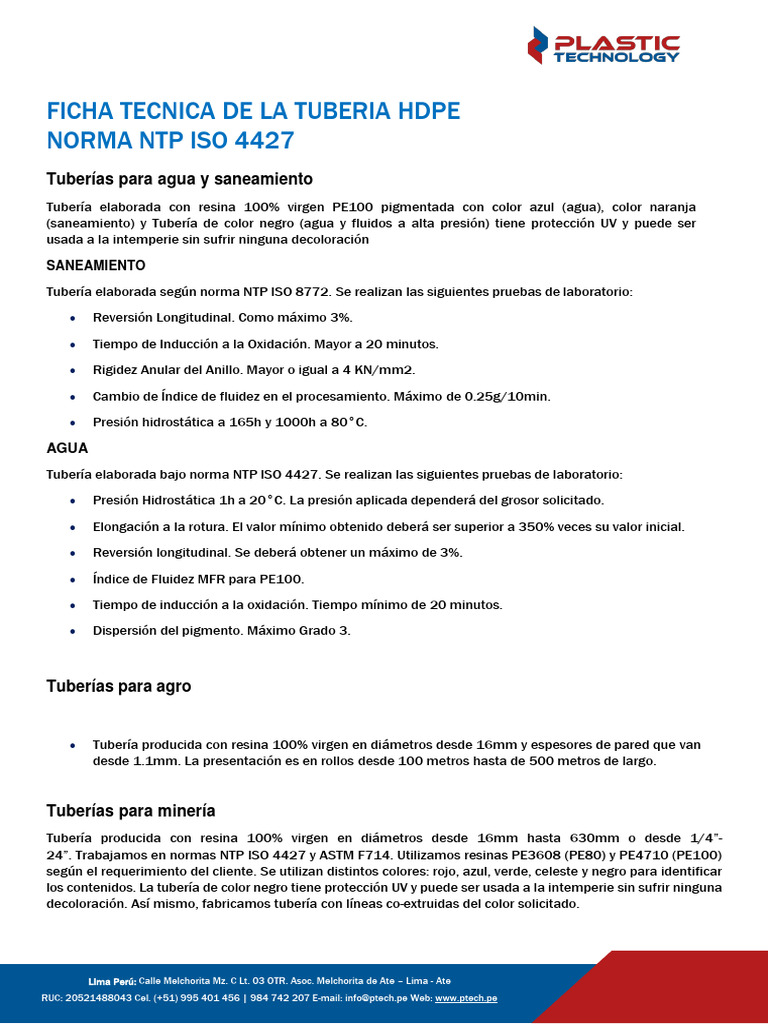 Ficha Técnica Tubería HDPE ISO 4427 | PDF | Tecnologías de gas | Materiales