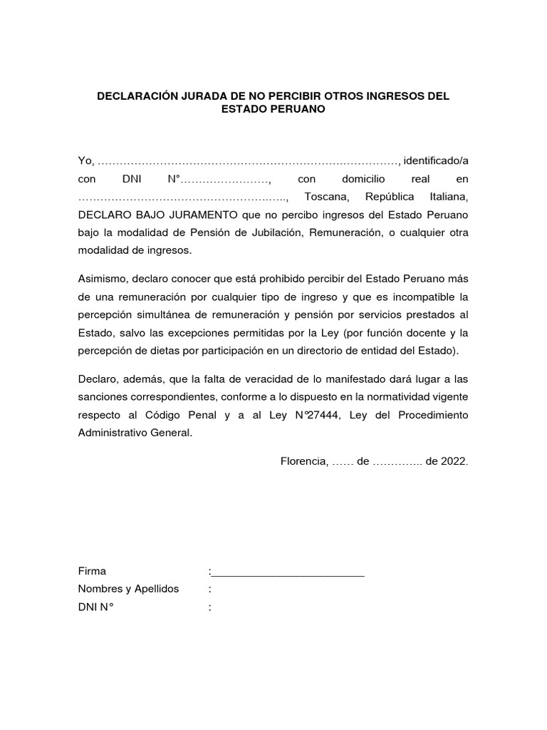 Declaración Jurada de No Percibir Otros Ingresos Del Estado Peruano | PDF