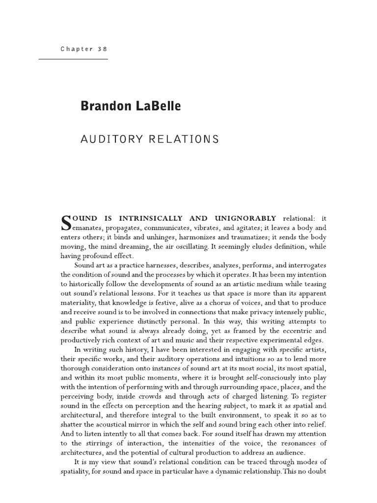 Sound Studies Reader-Brandon-Labelle-Auditory-Relations | PDF