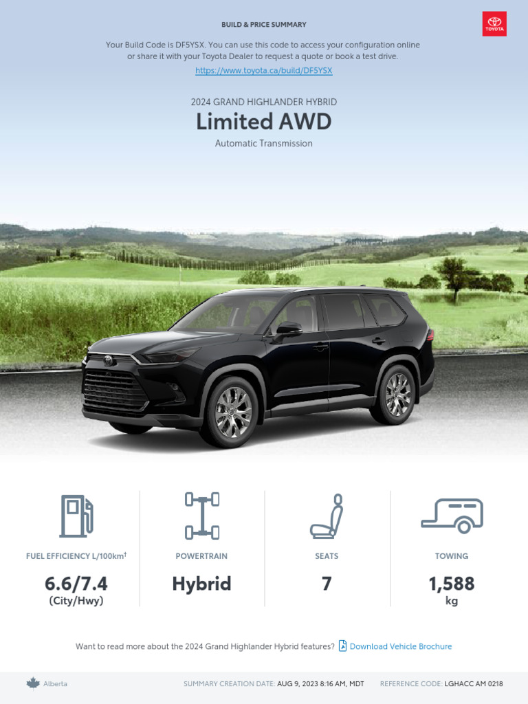 Toyota Build and Price 2024 Grand Highlander Hybrid Limited AWD PDF