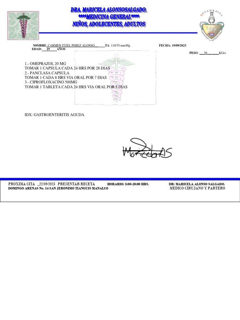 Receta para Gastroenteritis Aguda | PDF