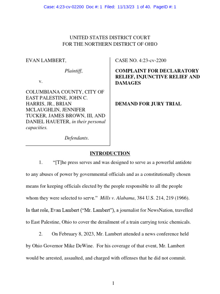 Lambert Lawsuit PDF Arrest First Amendment To The United States