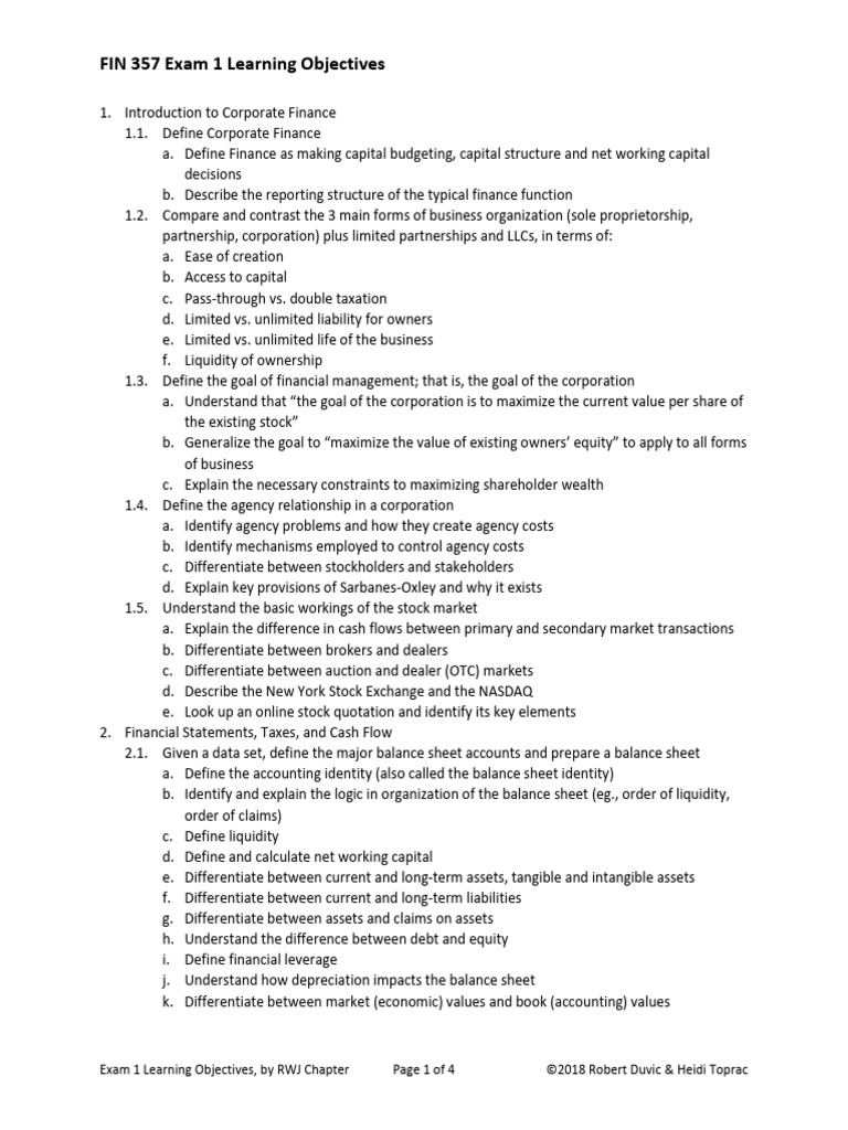 Exam 1 Learning Objectives Pdf Present Value Balance Sheet