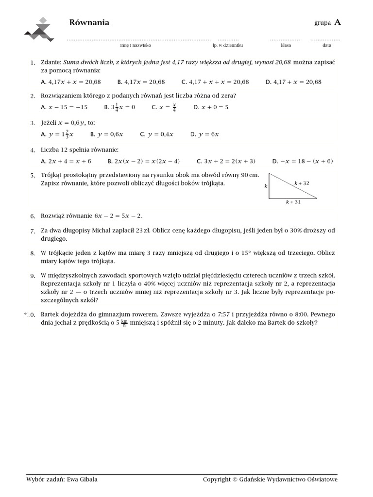 równania klasa 7 test online