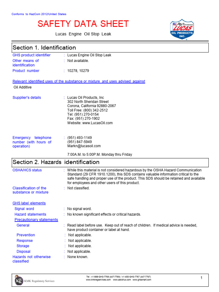 SDS Engine Oil Stop Leak PDF Waste Labor Relations