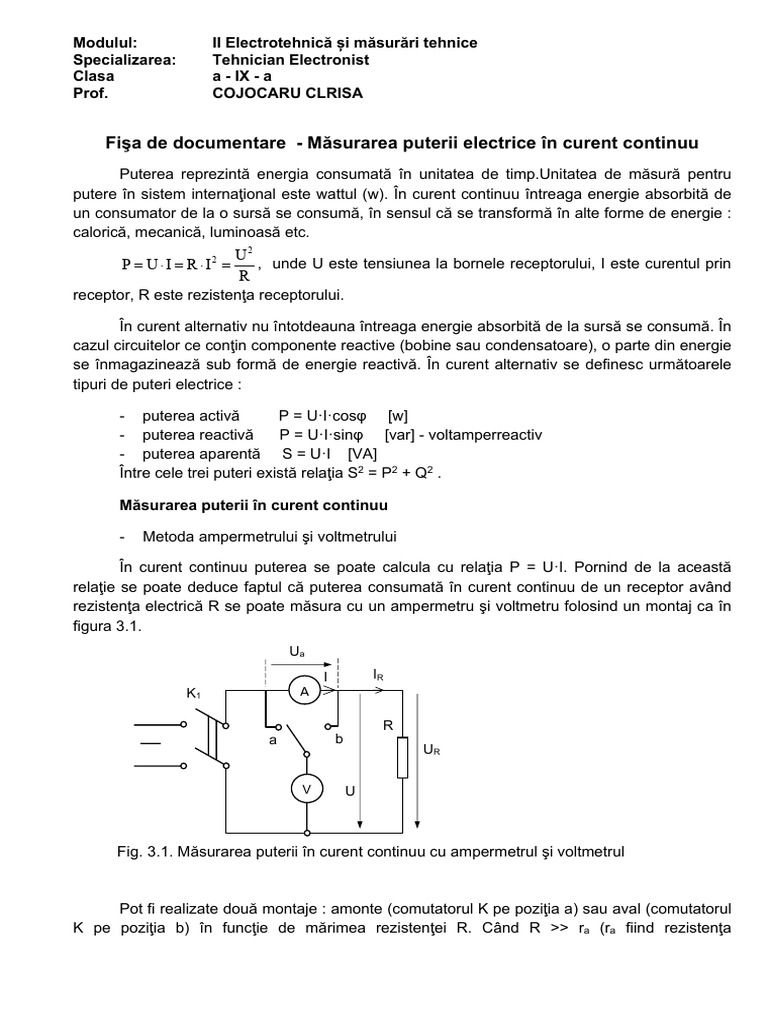 Fisa Documentare Masurarea Puterii Electrice Curent Continuu Si ...
