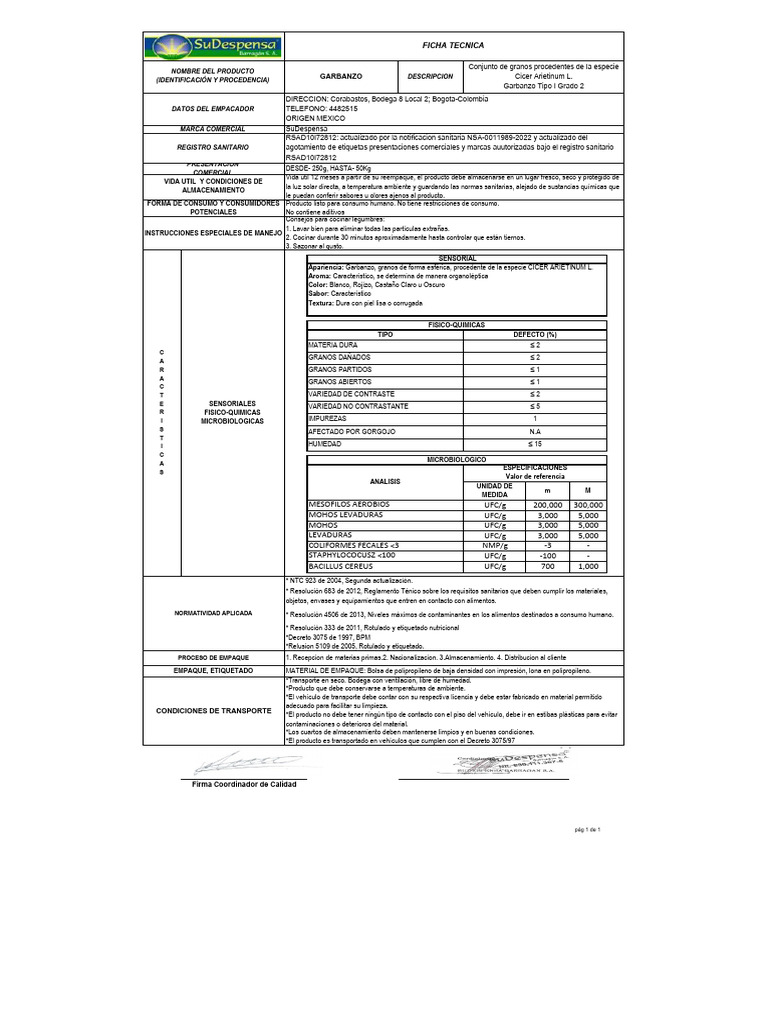 Ficha Tecnica Garbanzo Su Despensa PDF Garbanzo Alimentos