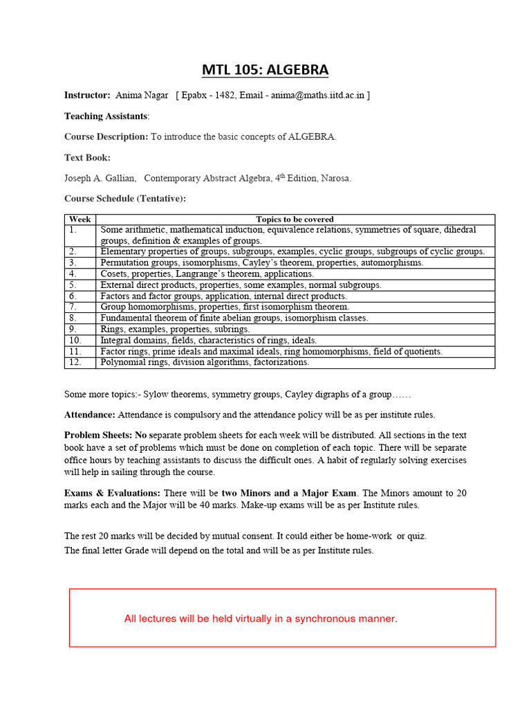 MTL 105: Introduction to Algebra | PDF