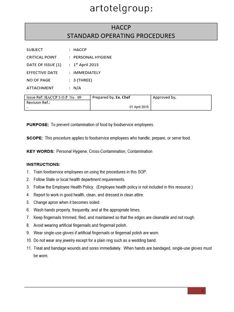 Standard operation procedures 09 employee personal hygiene