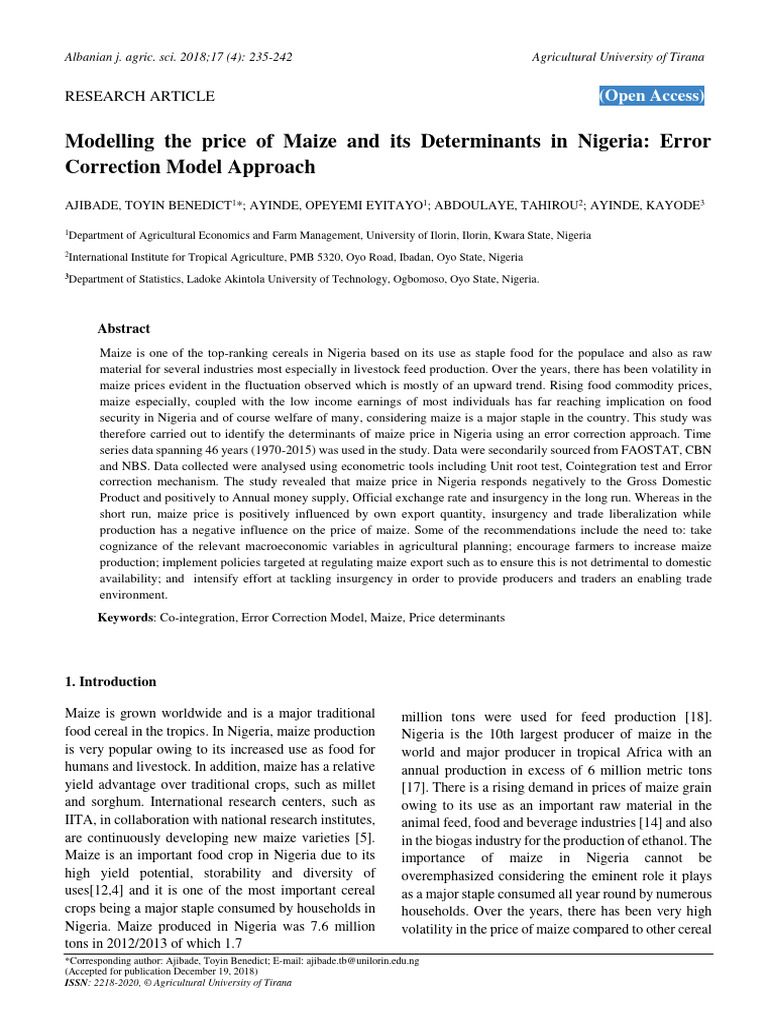 Albania journal modelling the price of maize and its determinants in