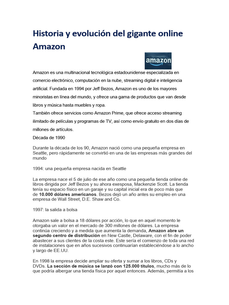 Historia y Evolución Del Gigante Online Amazon | PDF | Servicios web de ...