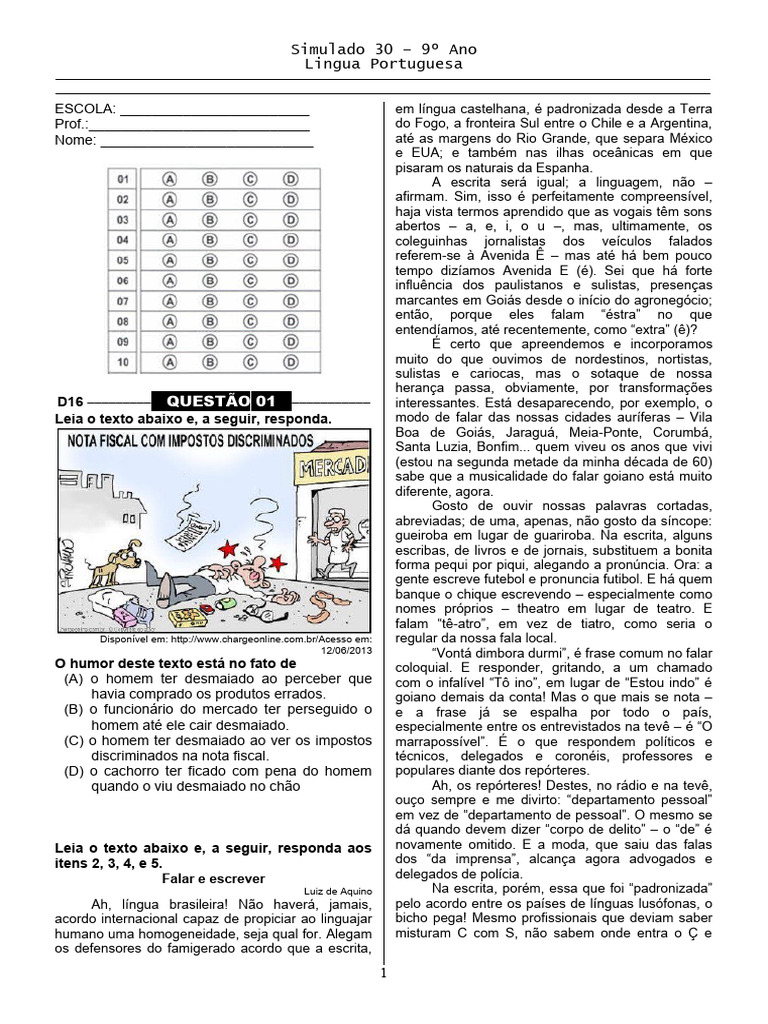 Simulado 30 Port. 9o Ano Blog Do Prof. Warles | PDF