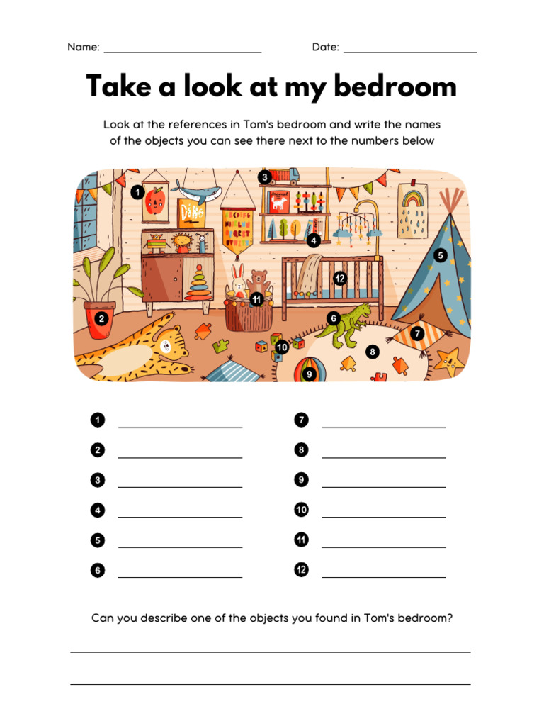 White Colorful Bedroom Description Set of Worksheets | PDF