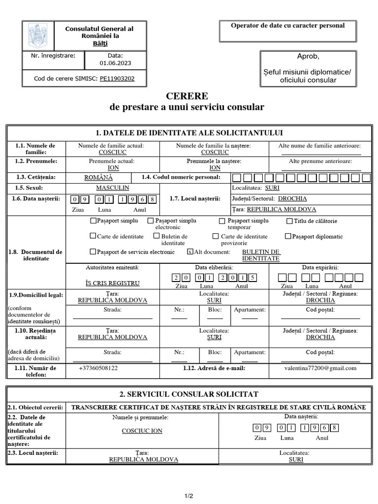 Cererea de Servicii Consulare - Transcriere Certificat de Naştere ...