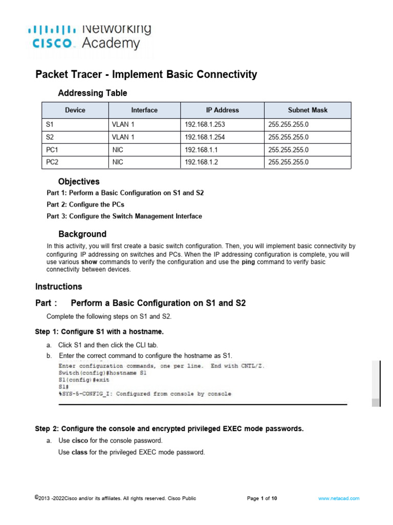 2 7 6 packet tracer implement basic connectivity pdf network switch