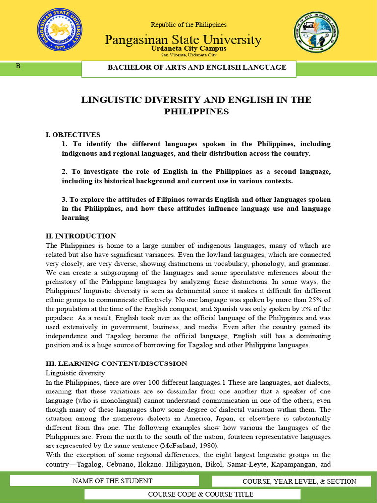 Linguistic Diversity and English in the Philippines | PDF | Tagalog ...