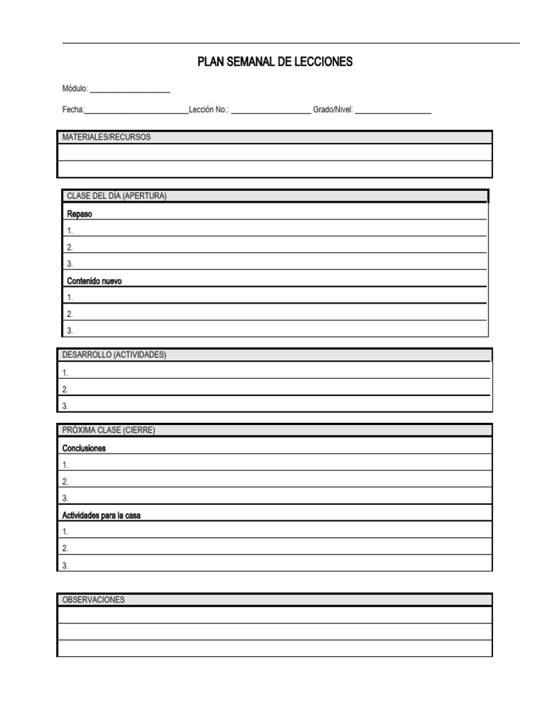 Plan Semanal de Lecciones Docente | PDF | Crecimiento personal y ...