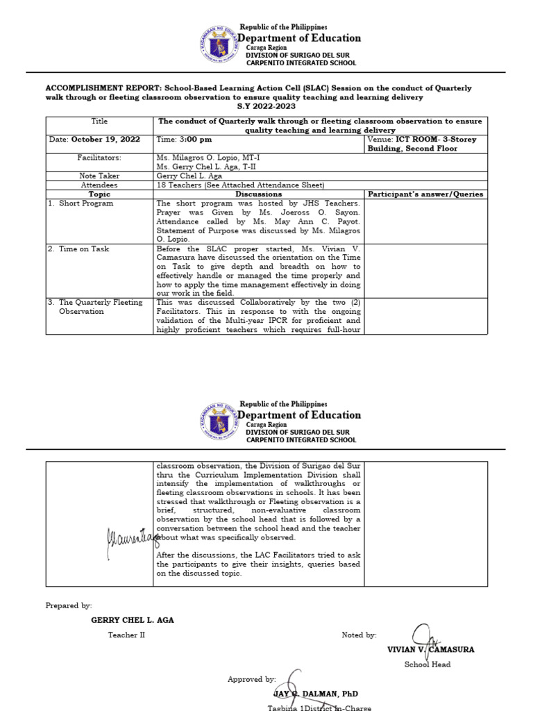 Carpenitois Lac Accomplishment Report Pdf Learning Lesson Plan