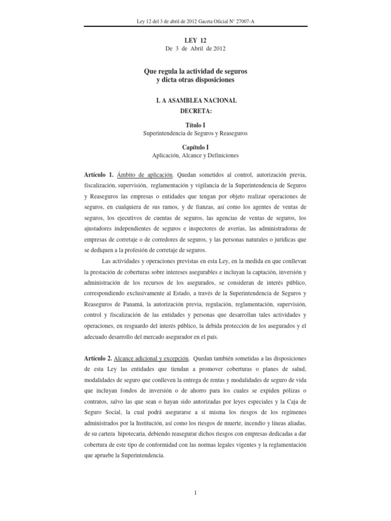 Ley 12 de 2012 sobre Seguros en Panamá | PDF | Seguro | Póliza de seguros