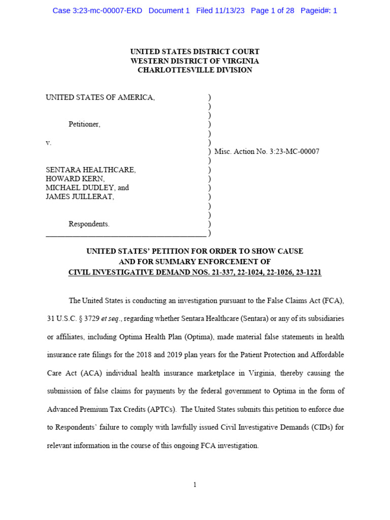 Sentara Healthcare FCA Investigation | PDF | False Claims Act ...