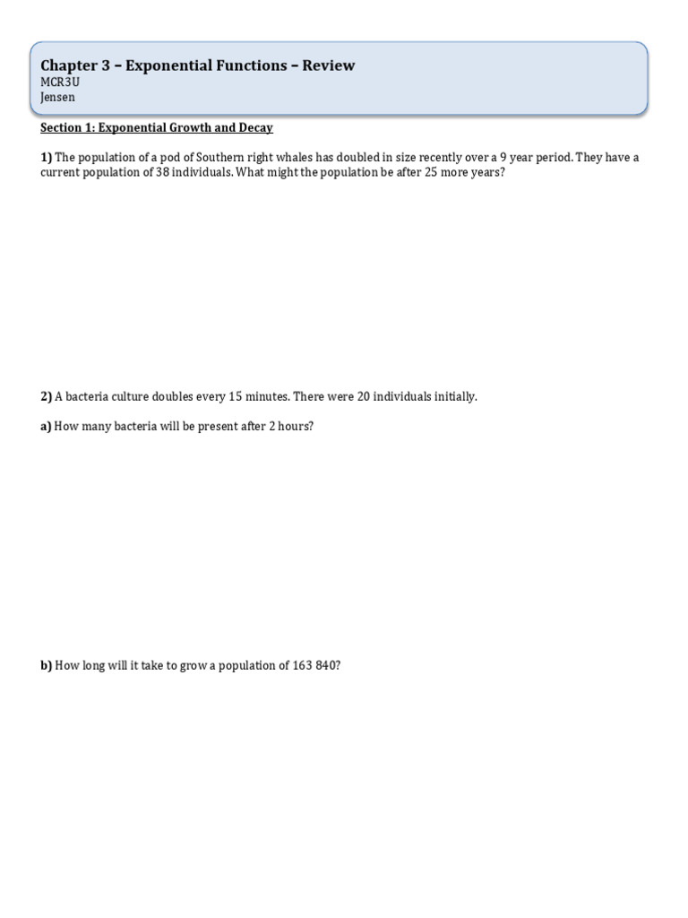 Chapter 3 Exponential Functions Review | PDF | Radioactive Decay ...