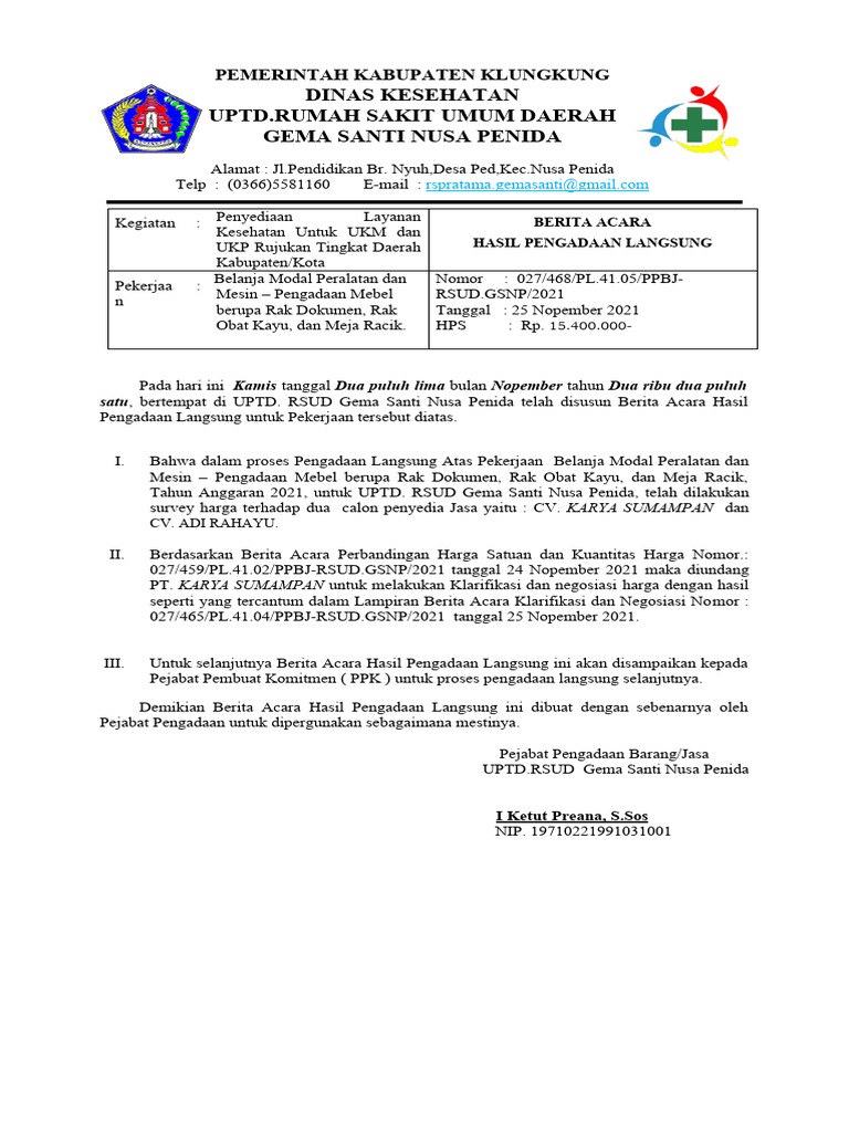 5 Berita Acara Hasil Pengadaan Langsung Pdf