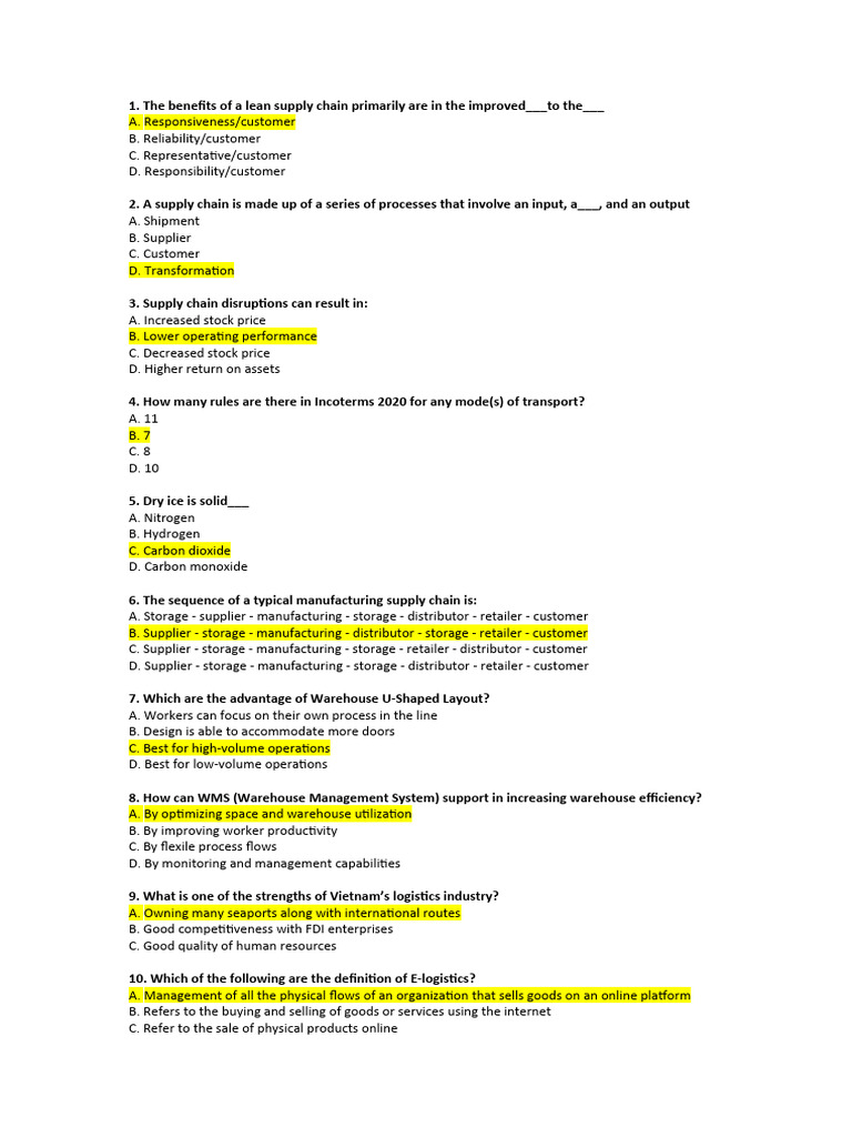 Supply Chain Management Quiz Questions | PDF | Logistics | Warehouse