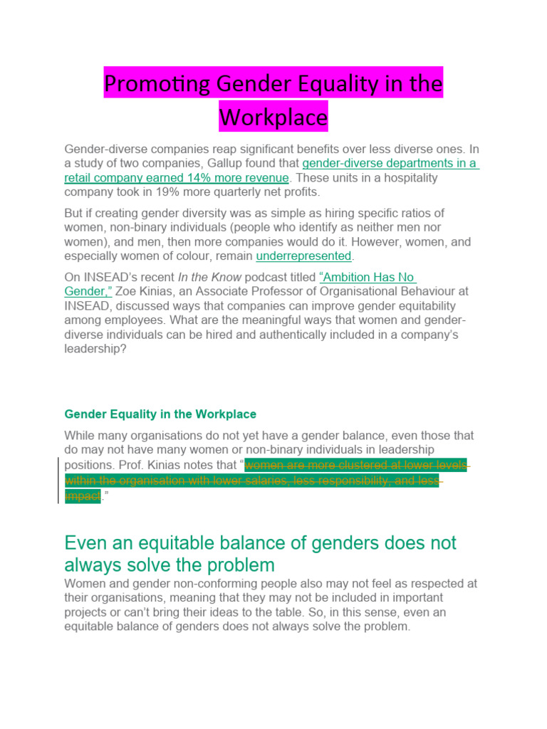 Promoting Gender Equality In The Workplace Pdf Employment Gender