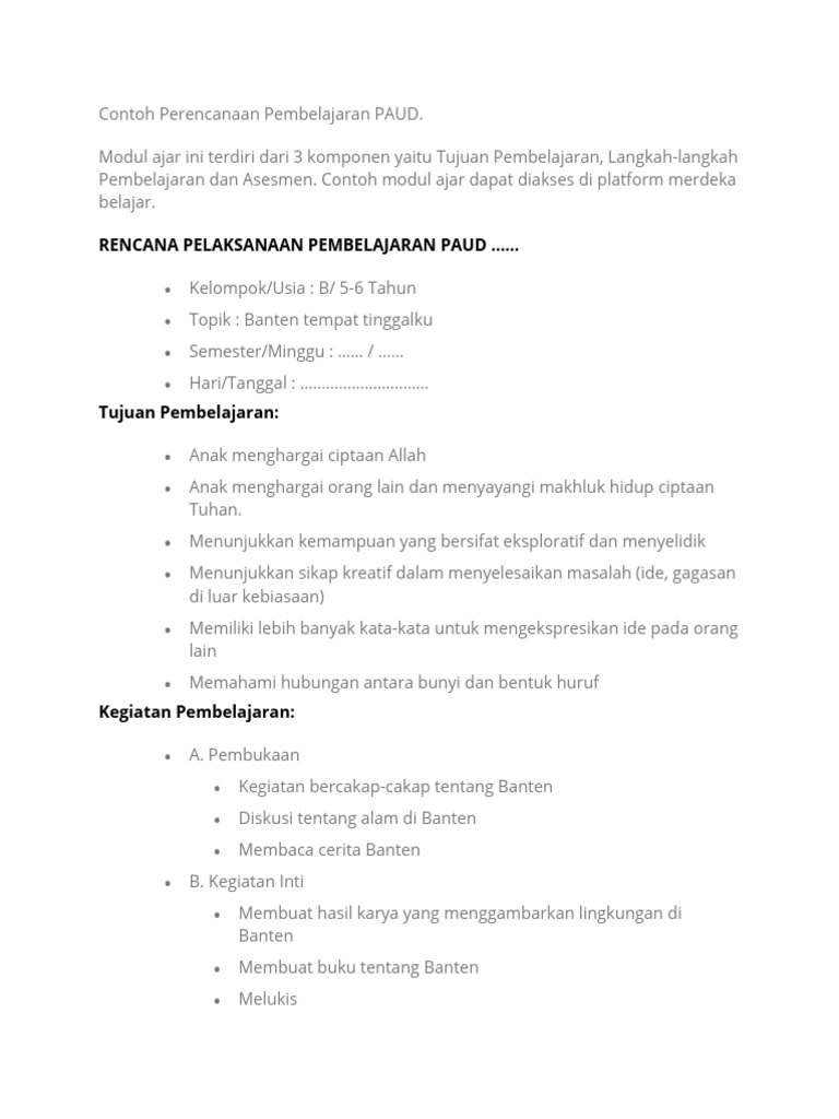 Contoh Perencanaan Pembelajaran Paud Pdf